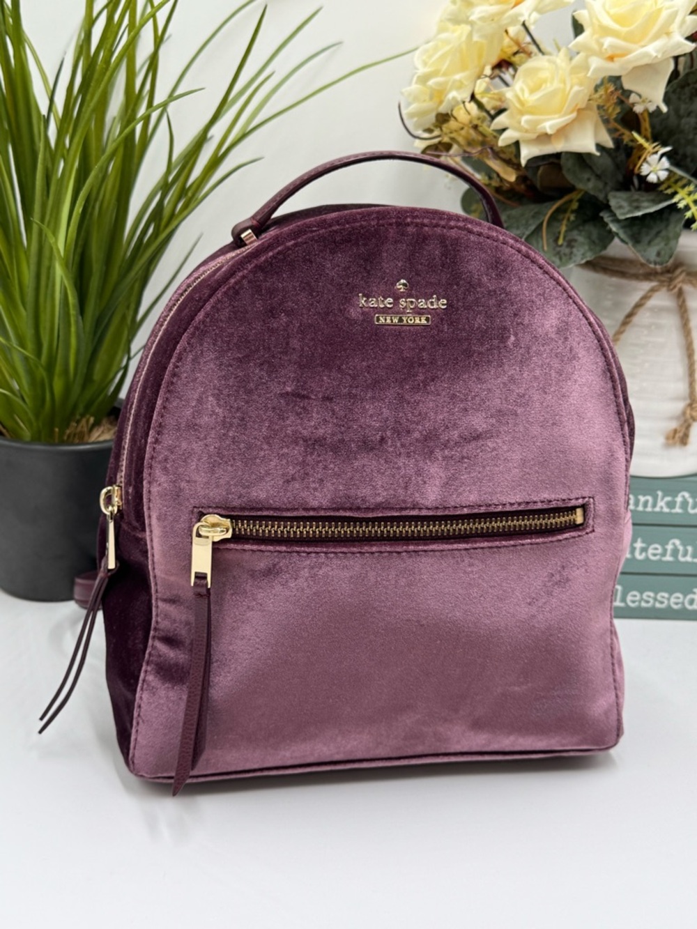 Kate Spade Dawn Velvet Medium Backpack – Deep Plum / Burgundy